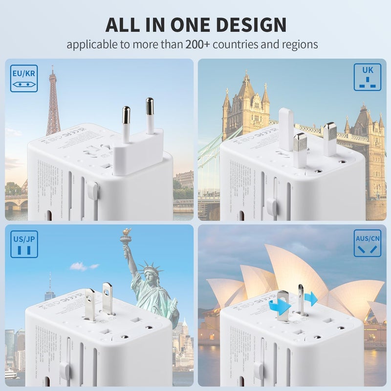 EPICKA Universal Travel Adapter, GaN International Plug Adapter with 3 USB-C 70W PD Fast Charging & 2 USB-A Adaptor All-in-one Wall Charger for USA EU UK AUS (TA-105 Pro, White) - Image 2